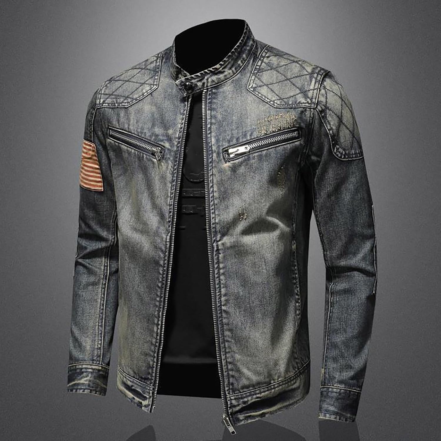 Men's Denim Jacket Fashion Punk Style Hipster Streetwear Coat Zip Pocket Stand Collar Plus Size Cargo Outwear Tops