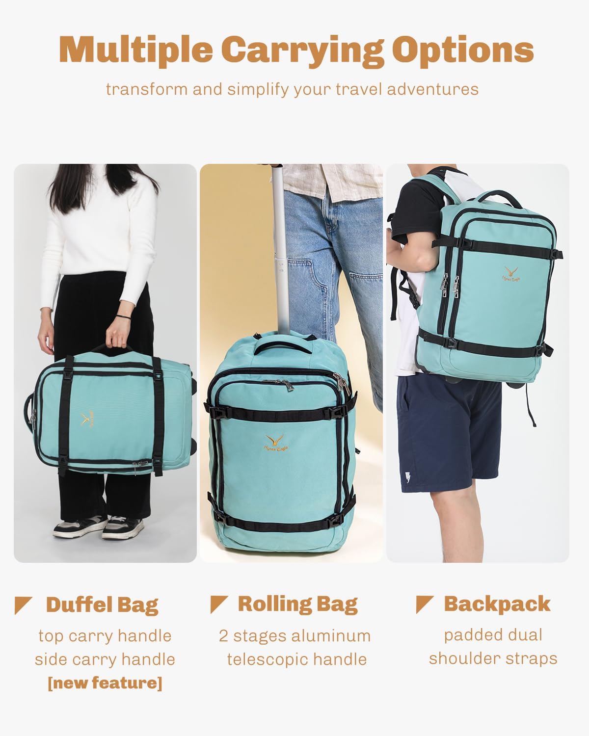 Hynes Eagle Rolling Backpack 42L Backpack with Wheels Airline Approved Carry on Luggage Laptop Travel Suitcase Bag for Women Men Mint Green - Image 6