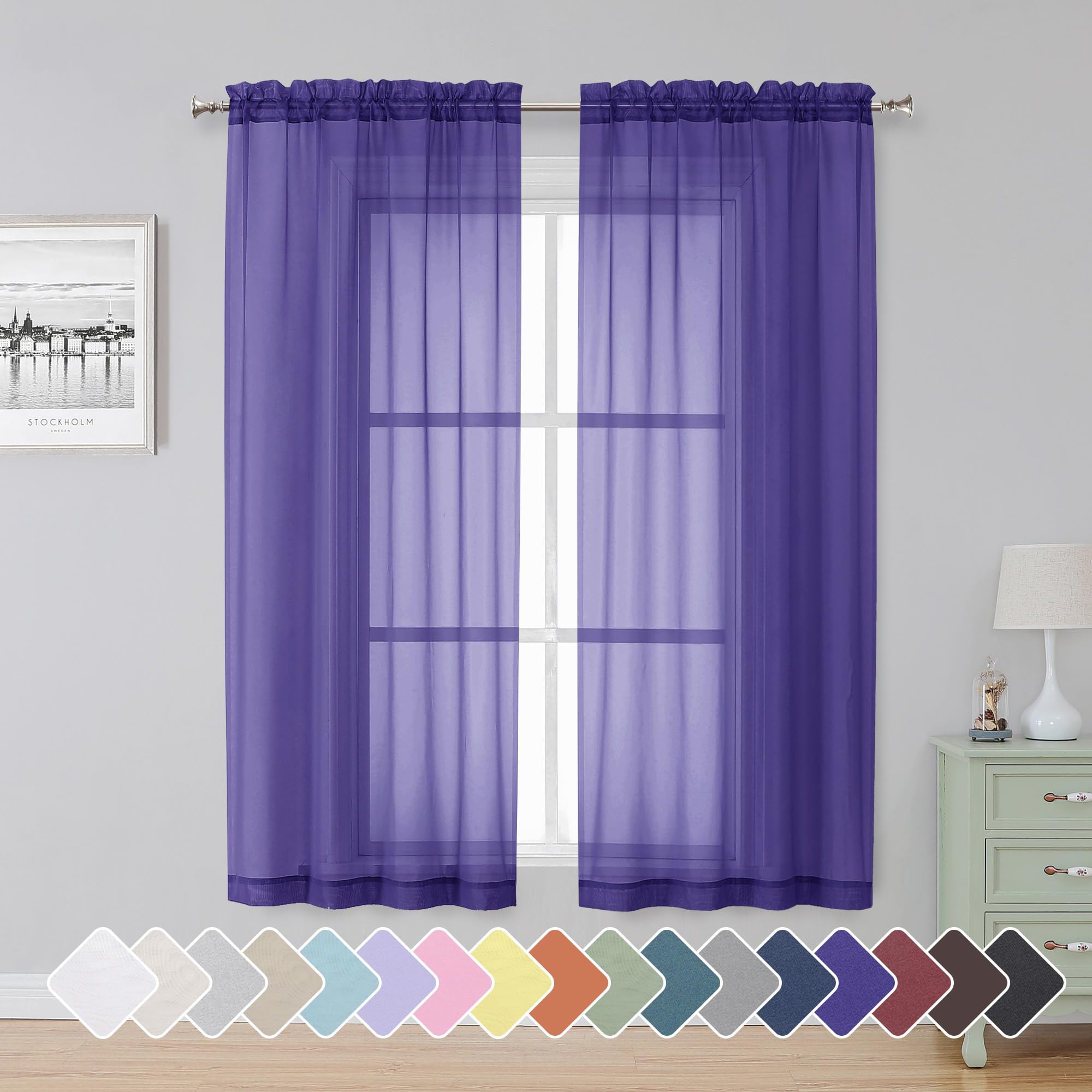 Simplebrand Purple Sheer Curtains 63 Inch Length 2 Panels, Rod Pocket Solid Color Window Sheer Curtain Panels, Elegant Curtains & Drapes for Living
