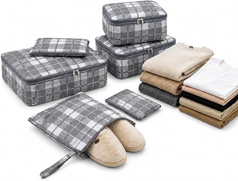 6 Parça Valiz Düzenleyici Organizer Seti- Seyahat Bavul İçi Düzenleme Çantası, Packing Cube Organizer Seti (Gri Ekose)