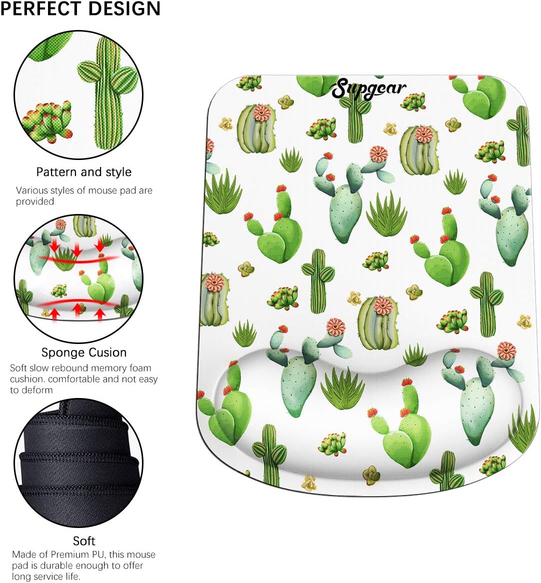 SUPGEAR Mouse Pad with Gel Wrist Rest Support, Gaming Mouse Mat Non-Slip Rubber Base, Comfortable Pad Ergonomic Design, Wrist Rest Pad Suitable for Laptop PC 10.8 x 8.3 Inch (Cactus)