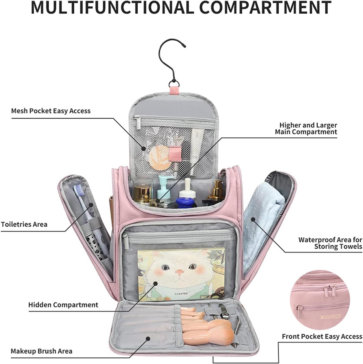 Large Toiletry Bag for Women, Hanging Leather Travel Makeup Bag with 360° Hook and Shoulder Strap, Travel Organizer for Full Sized Container, Toiletries, Brushes (Pink) - Image 2