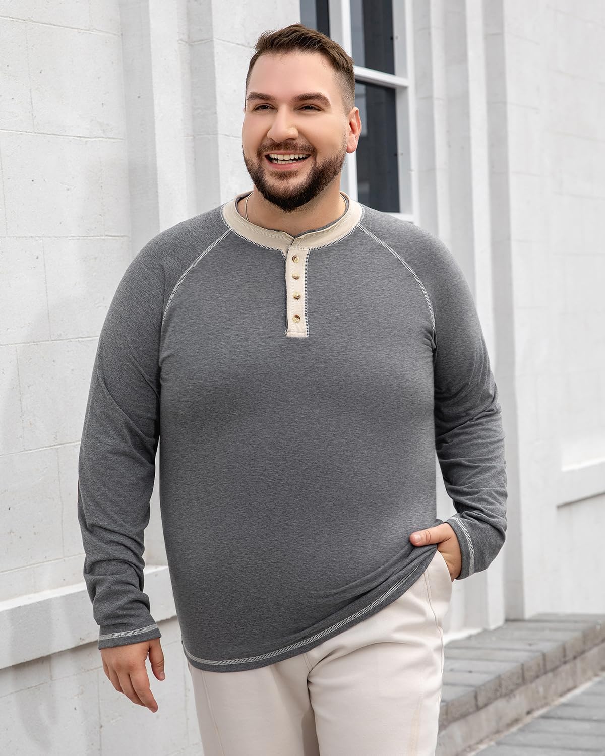 PINKMARCO Men’s Big & Tall Henley Shirt: Long Sleeve Cotton Shirt for Men, Classic Casual Shirt for Work Sport Holiday - Image 3