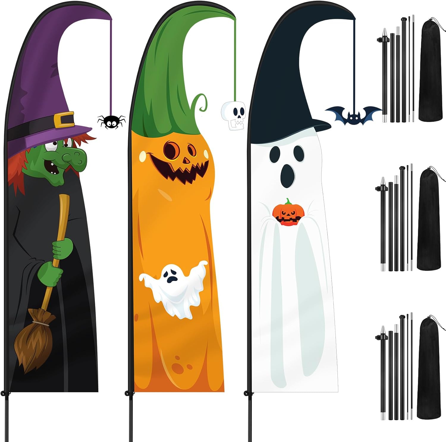 3 Sets 8 ft Halloween Feather Flag with Flagpole and Ground Stake, Ghost Pumpkin Witch Advertising Flag Sign for Halloween Outdoor Decoration