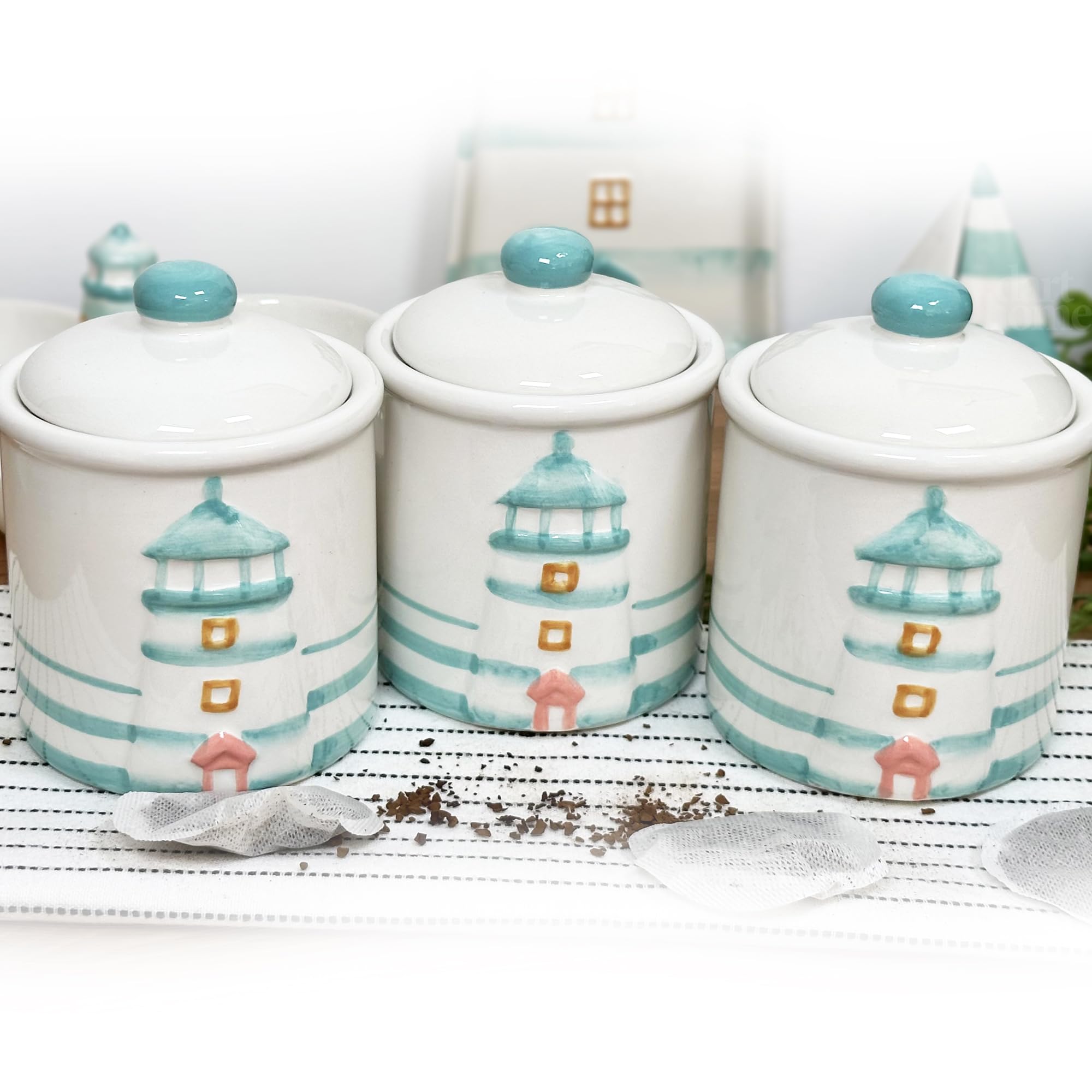 Darthome White, Blue Lighthouse Kitchen Canisters Set Of 3 Glazed Ceramic Seaside Lidded Storage Jars