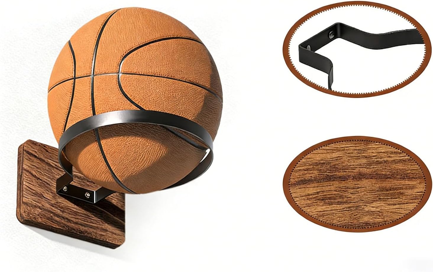 Wall Mount Basketball Holder,Ball Storage Holders Display Rack,Mental Frame and Wooden Base,Suitable for Basketball,Football, Soccer,Volleyball Wall Storage(4 Pack