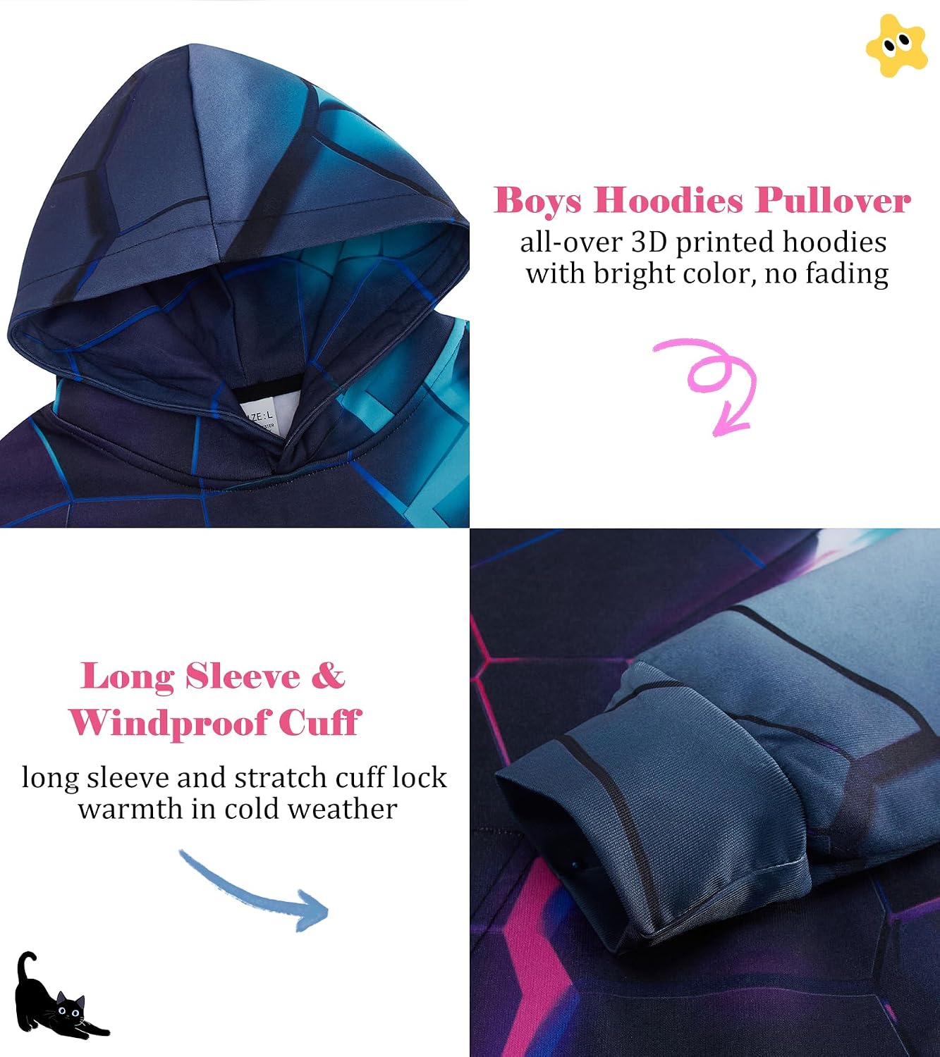 uideazone Hoodies for Boys Girls 3D Printed Hooded Sweatshirts Long Sleeve Pullover Hoody with Pocket 3-16Y