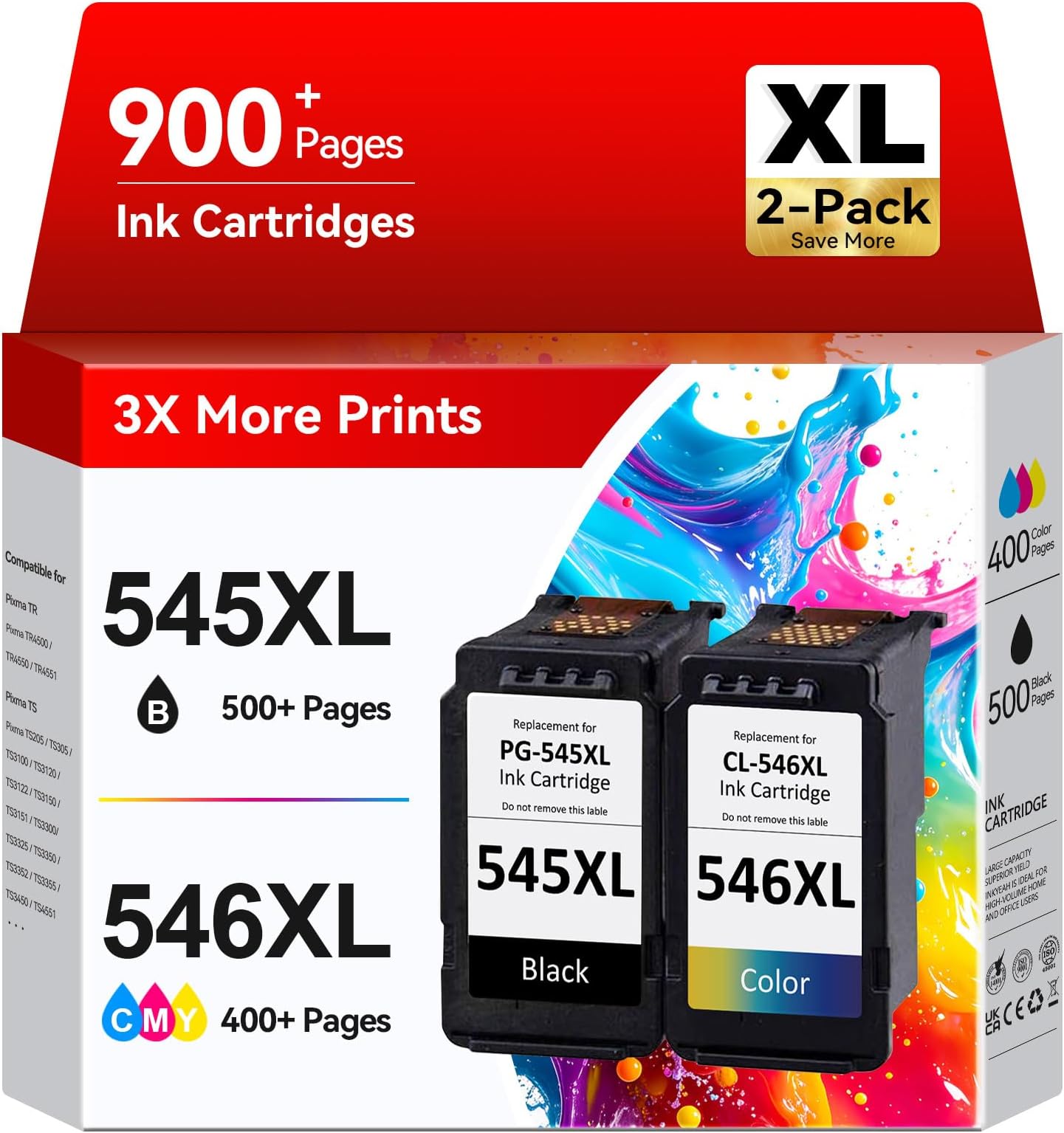 545 546 Ink Cartridges XL, PG-545 CL-546 XL Replacement for Canon 545 546, Printer Ink 545 546 for Pixma TS3300 TR4500 TS3450 MG2550s TS3150 MX495 MX490 TR4550 TR4551 TS3100 (Black, Colour)