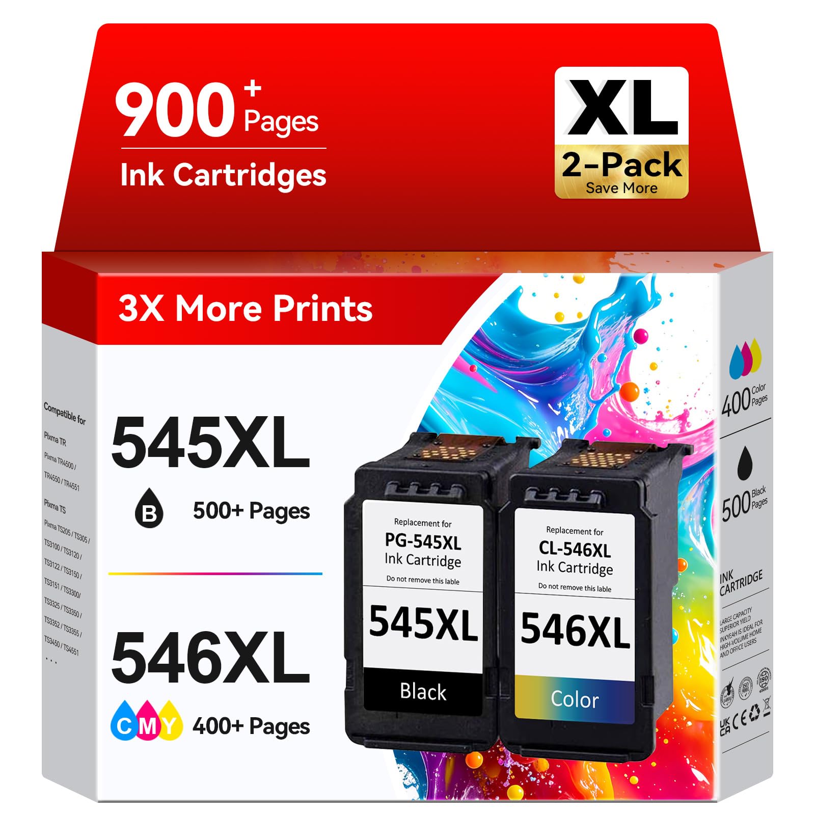 Druckerpatronen 545 546 XL, Kompatibel für Original Canon Druckerpatronen 545 546 XL Multipack, PG-545/CL-546XL für Pixma TS3400 TS3100 TS3150 TS3300 TS3350 TS3450 TR4500 TR4551 MG2500 MG2550s MX495