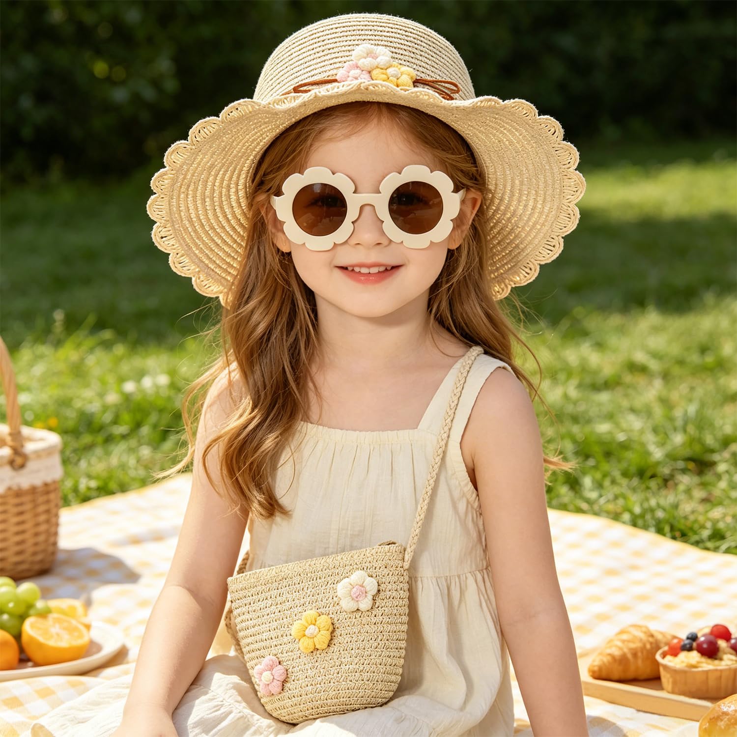 Sombrero de Paja Niñas, Gorra de Sol Chica y Bolsa de Paja Set Gorro de Playa Gafas de Sols Playa de Verano Sombrero Mini Bolsa Cruzada de Pajas Sombreros para Viaje Beach Piscina(Beige)