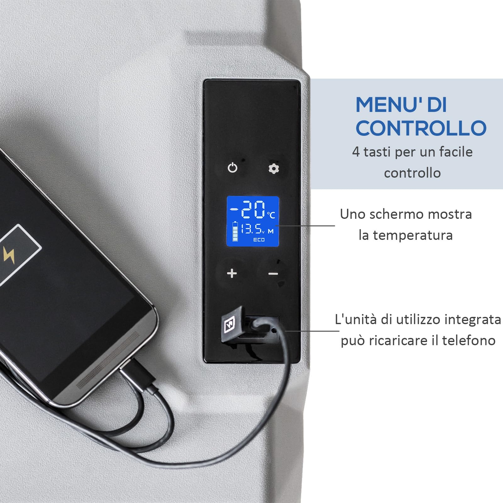 HOMCOM Frigorifero Portatile per Auto 50L 12/24V DC 110-240V AC, Frigo Portatile con Pannello Touch, Maniglia e 2 Rotelle, in Alluminio e Plastica, per Barca, Camper, 58.6x37.8x54.5 cm, Grigio
