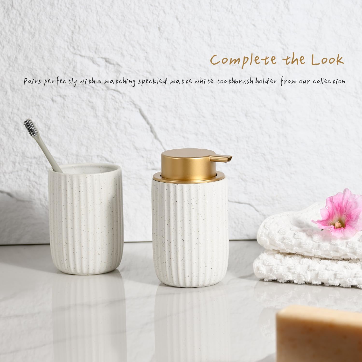 Speckled Matte White Ceramic Foam Soap Dispenser, 12 oz Refillable Pump with Golden Top, Elegant Foaming Dispenser for Bathroom or Kitchen, Speckled White - Image 4