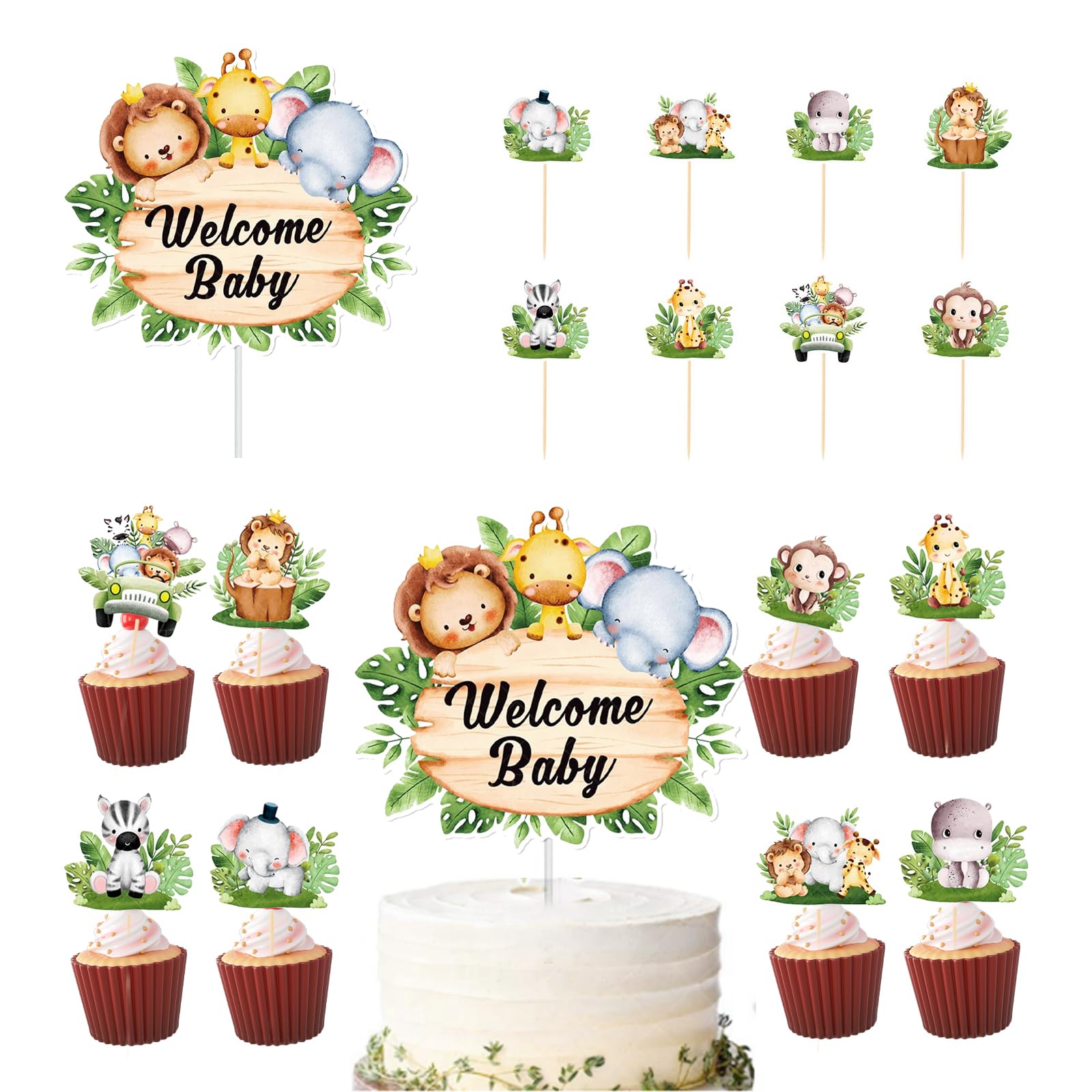 CharmeFleur Welcome Baby Cake Topper, 24 Pieces Baby Shower Cupcake Toppers Jungle Animals Oh Baby Party Decorations Themed Cupcakes Toppers Nursery Wild Party Items โ image 1
