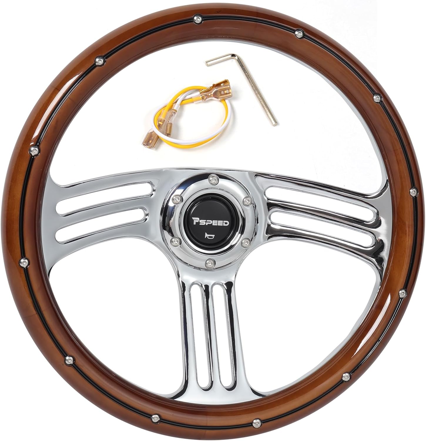 14 inch Solid Wood Steering Wheel,6 Bolt Hole 3 Spoke Chrome-Plated Aluminum Alloy with Horn Button 70MM Deep Dish Fit for Cars,Racing,Vintage Car,350mm Classic Car steering wheel