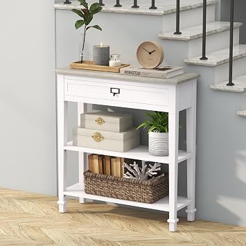 Kinsuite Entryway Table with Drawers & Open Storage Shelves, 3-Tier Farmhouse Narrow Console Table, Sofa Table Hallway Table for Living Room Hallway, White
