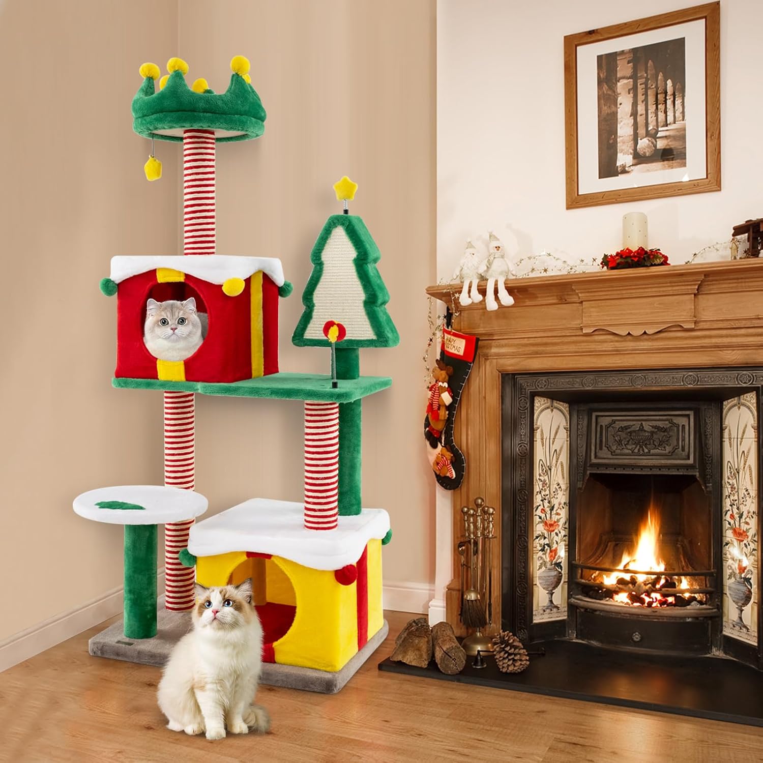 PETSITE 61 inch Christmas-Themed Cat Tree, Multi-Level Cat Tower with Sisal Scratching Posts, 2 Gift Box-Shaped Cat Condos, Hanging Teasing Ball, and Spring Toys, Cute Cat Tree Tower for Indoor Cats