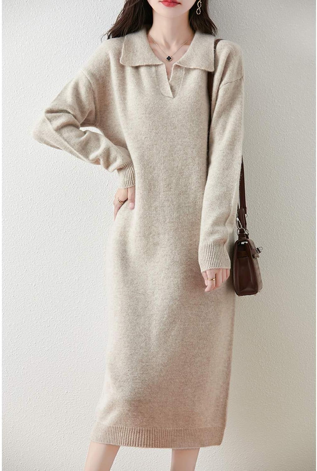 Sweater Dress Women's Long Sleeve 100% Merino Wool Knitted Pullover Flip Collar Fall Winter Long Tops