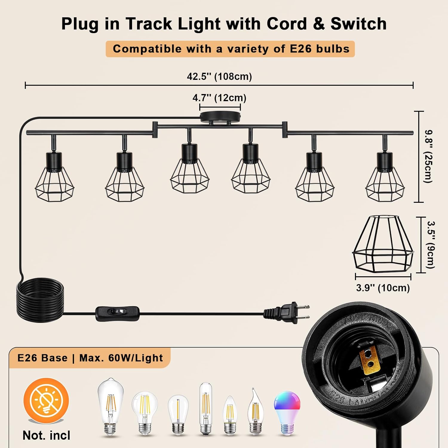 HiBay Plug in Track Lighting, 6-Light Rotatable Ceiling Light Fixture Black, Industrial Plug-in Track Lights with 16.4Ft Power Cord and in-Line On/Off Rocker Switch for Kitchen Living Room Office