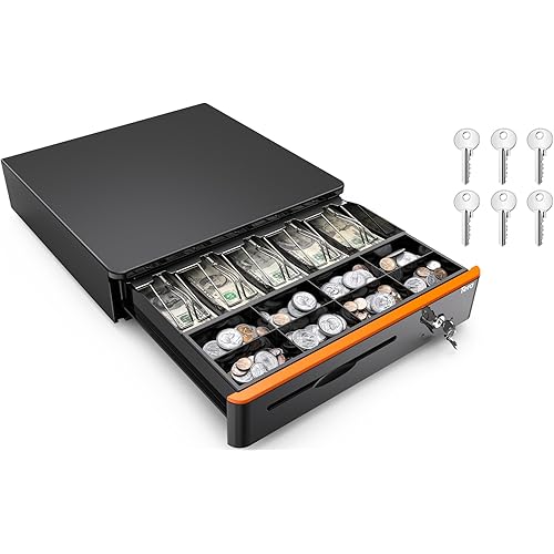 Tera 16 inch Auto Open Cash Drawer with Heavy Duty Insert Tray 5 Bill 8 Coin for POS System Removable Cash Tray Media Slot 24V RJ12 Key-Lock (Round Corner) for Small Business Retail 405R