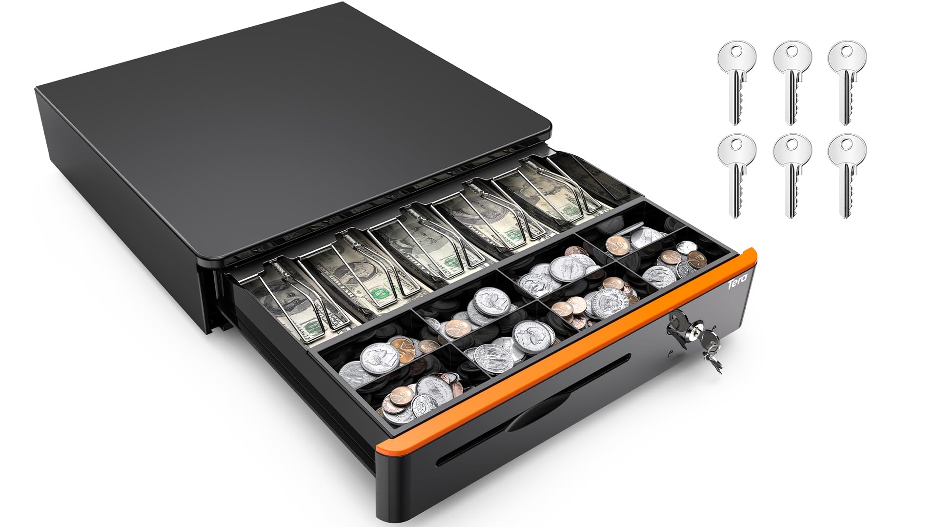 Tera 16 inch Auto Open Cash Drawer with Heavy Duty Insert Tray 5 Bill 8 Coin for POS System Removable Cash Tray Media Slot 24V RJ12 Key-Lock (Round Corner) for Small Business Retail 405R