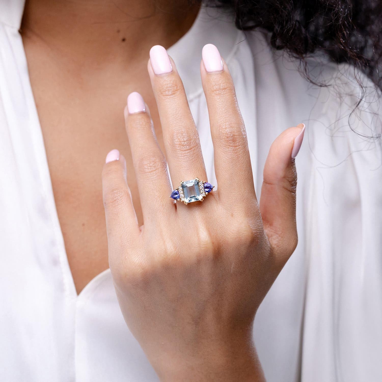 Angara Natural Emerald Cut Aquamarine Trillion Tanzanite 3 Stone Ring in 14K Solid Gold/Platinum | March Birthstone, Birthday, Engagement, Anniversary, Wedding Jewelry Gift for Women - Image 3
