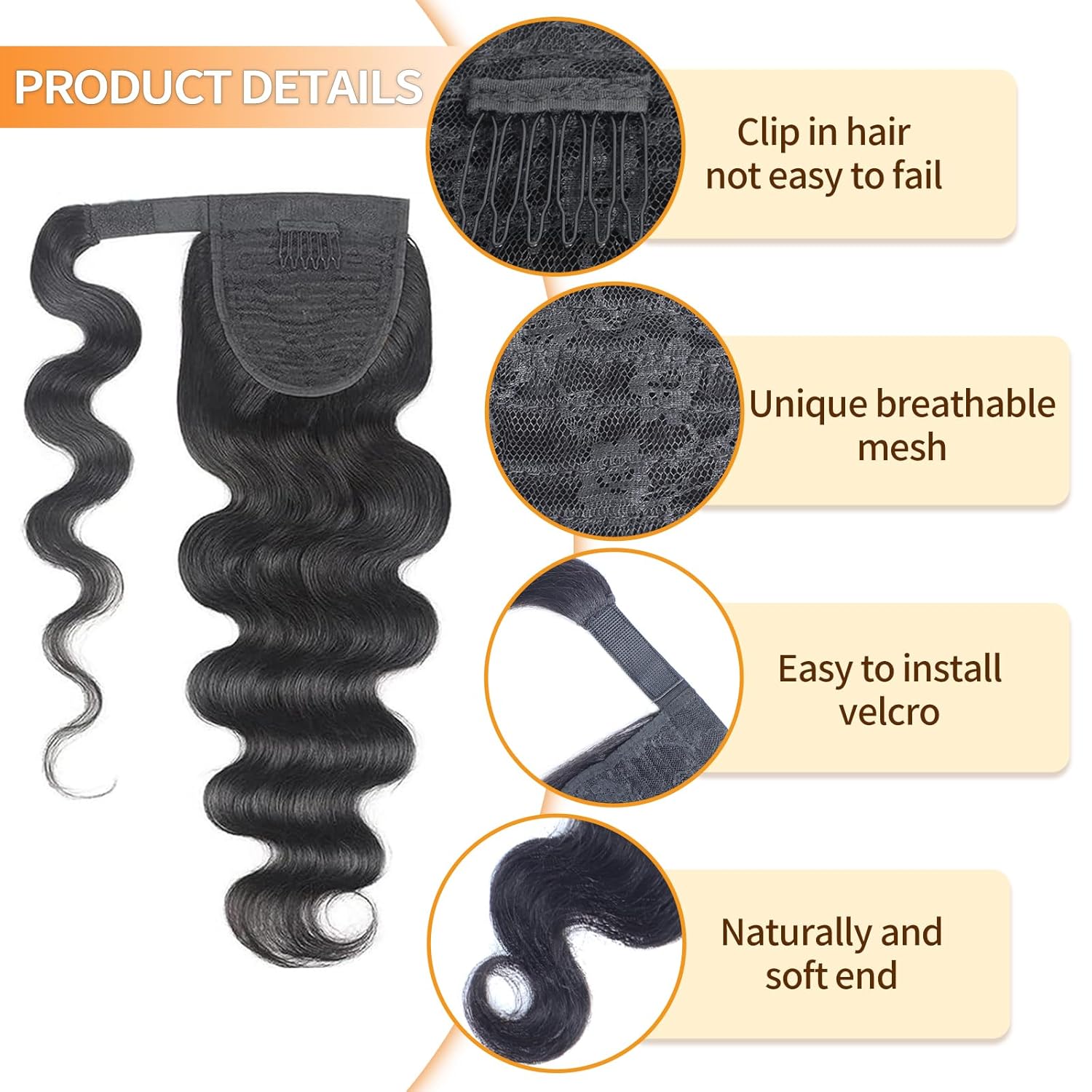 Body Wave Ponytail Extension Human Hair Wrap Around Magic Paste Ponytail Clip In Real Brazilian Virgin Human Hair pieces For Black Women Natural Black (Body Wave Ponytail, 20 Inch)