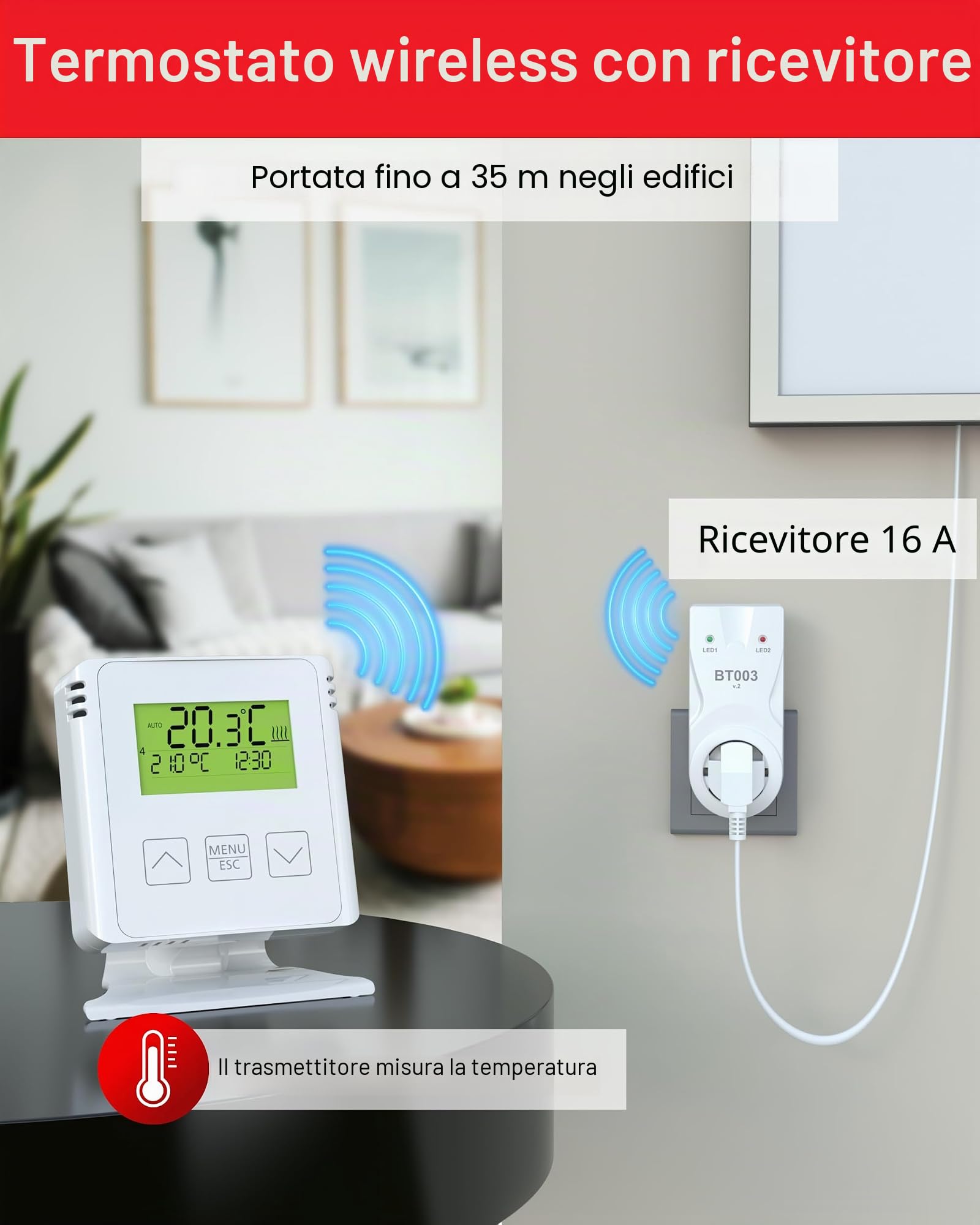 ELEKTROBOCK BT733 - Termostato radio con presa intermedia, portata 35 m, per riscaldamento elettrico e riscaldamento a infrarossi, programmi settimanali, antigelo, colore: Bianco