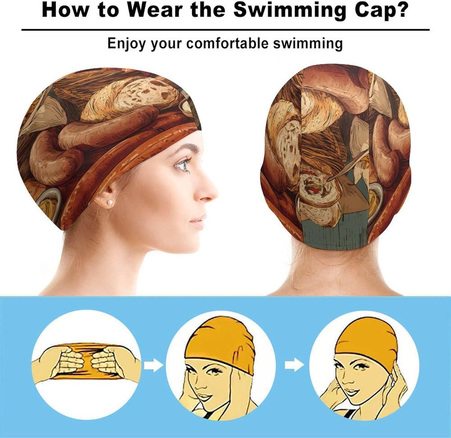 German Sausages French Fries Womens Swim Cap for Men Adult Swimming Hat Curly Short Medium Long Hair