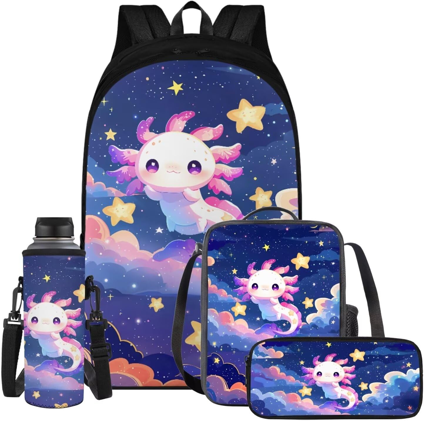 YEXIATODO Galaxy Axolotl 5-12 Girls Bookbag and Lunch Box Set School Bag for Kids Hiking Backpack Primary Girls Backpacks Wear Resistant School Bags 4pcs for Hiking School Camping