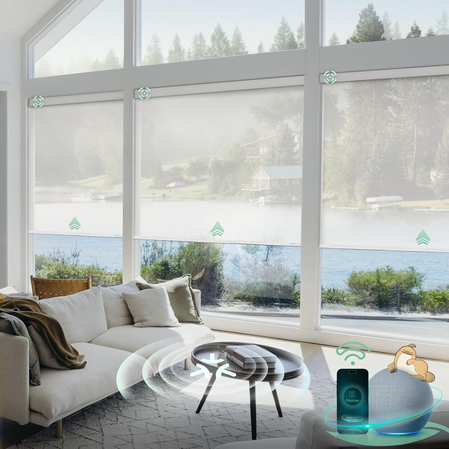 Yoolax Smart Blinds, Motorized Matter Solar Shades Flame Resistat Automatic Blinds for Windows Motorized Shades Compatible with Alexa, Google Home, Homekit(Solar-5% Openness White)