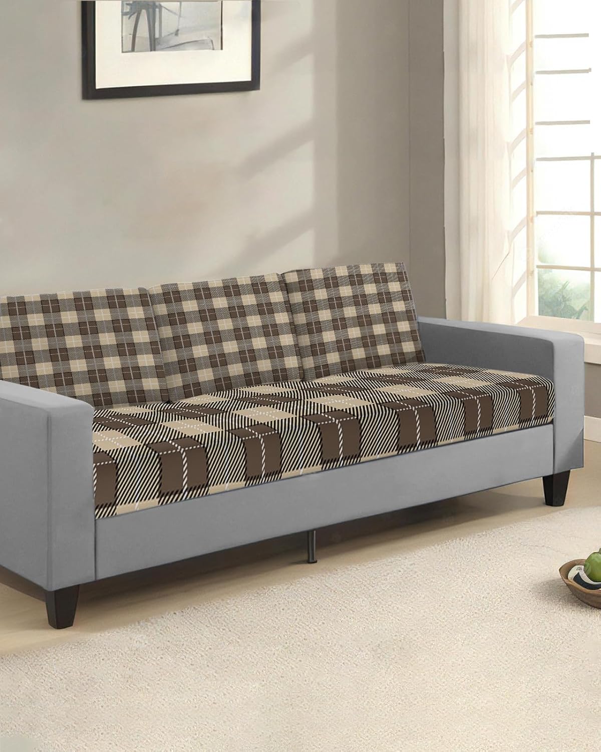 Couch Cushion Covers Brown Check Plaid Sofa Cushion Cover Stretch Seat Covers Geometric Pattern Sofa Slipcovers Soft Furniture Protector for Sectional Sofas Living Room Small-3 Pieces