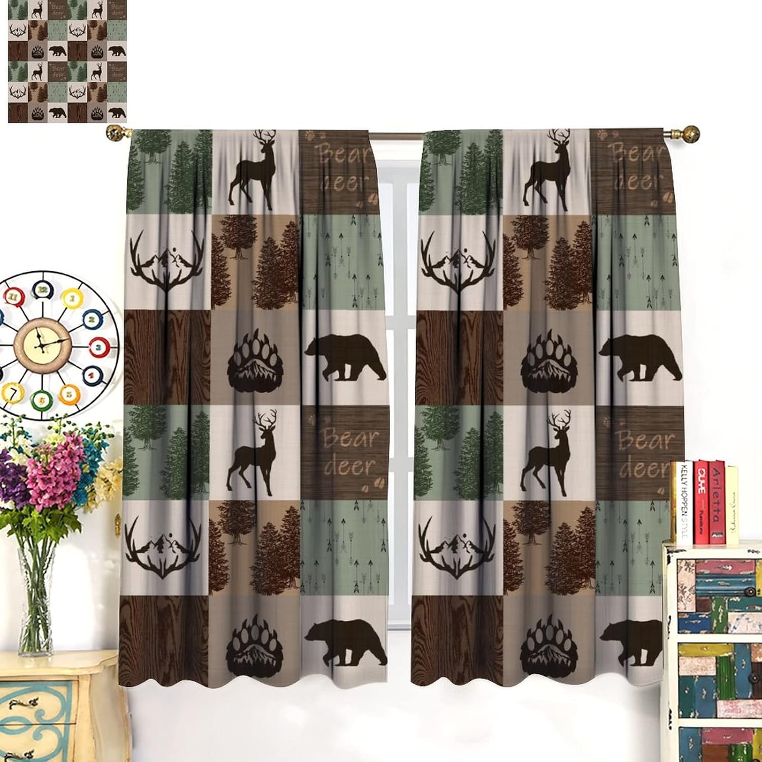 Rustic Wildlife Bear Moose Blackout Curtains for Bedroom,Abstract Retro Cabin Adventure Theme Window Drapes - Thermal Insulated and Noise Reduction,2 Panels 45L x 21W Room Darkening Curtains