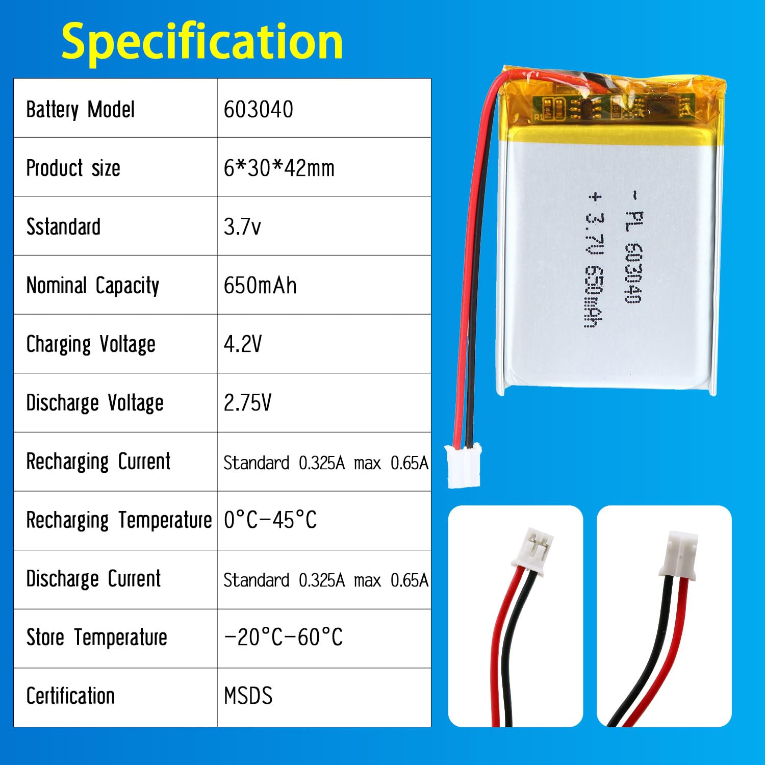 Qimoo 603040 3.7V Lipo Battery 650mAh 603040 Rechargeable Lithium