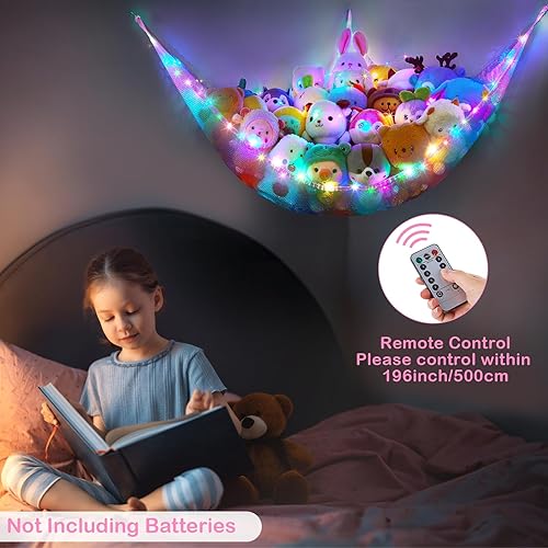 Vista 26 de Basumee Red de animales de peluche o hamaca con luz LED, hamaca de red de juguetes para almacenamiento de animales de peluche, hamacas para Azul