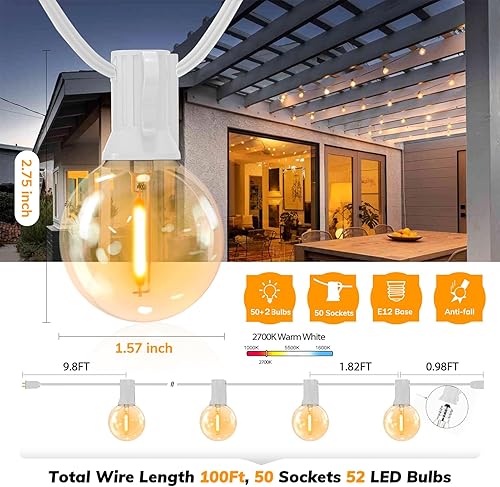 Miniatura 2 de Achin Guirnalda de luces para exteriores G40 de 100 pies, luces de patio al aire libre, impermeable, con 50+2 bombillas LED inastillables de 2700 K