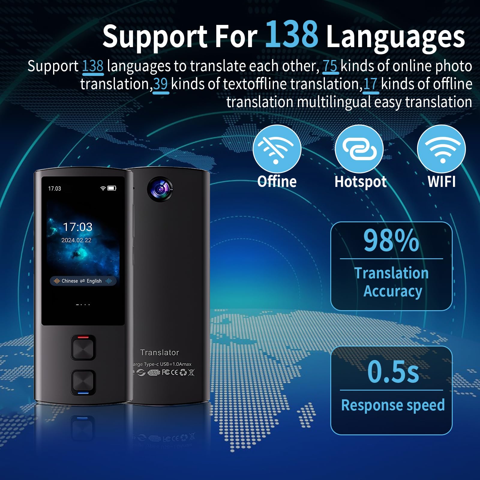 Dispositivo traduttore linguistico, traduttore vocale AI bidirezionale per traduzione vocale/testo/offline/foto, 138 lingue online con touchscreen da 3 pollici per viaggi di apprendimento