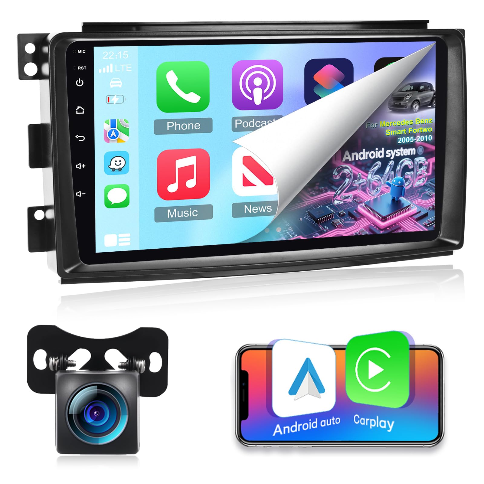 Autoradio per Mercedes Benz Smart Fortwo 2005-2010+Carplay e Android Auto | [2G+64G] Android Autoradio Touch Screen HD da 9 pollici con Senza Fili Carplay e Android Auto/ GPS/WiFi/Bluetooth/EQ/FM RDS