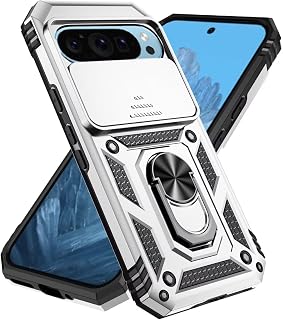 ESONG Case for Google Pixel 9,Military Protective Case,Shockproof Protective Phone Case,[Twist Holder] Camera Cover with Slide Camera Cover,Silver