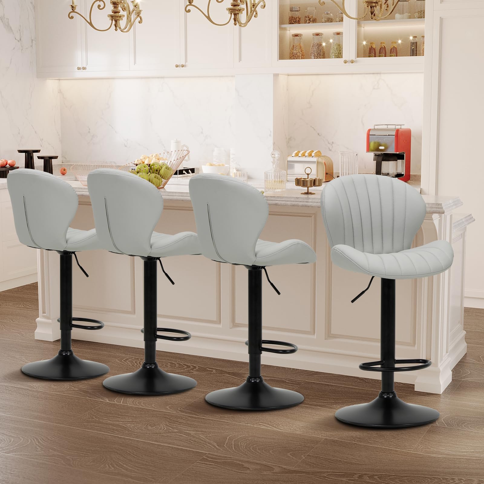 COLAMY Bar Stools Set of 4, Modern Swivel Bar Chairs, Adjustable Faux Leather Upholstered Barstools Counter Height with High Backrest for Bar, Kitchen Island, Dining Room, Grey