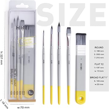 HIMI Watercolor Paint Brush Set, 5 Pcs 1 Flat, 3 Round, 1 Wide Flat Professional & Beginner Artist Paint Brushes for Watercolor, Unique Design Gift for Art Lovers