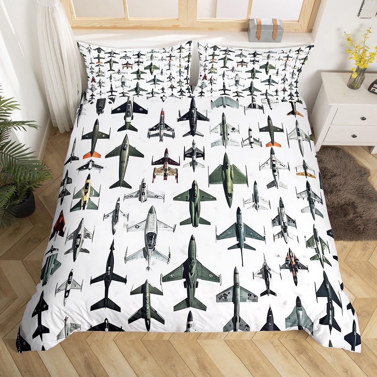 Erosebridal Aircraft Bedding Sets Toddler Size Fighter Plane Duvet Cover for Boys Girls Travel Decor Comforter Cover Vintage Airplane Print Bedspread Cover Stripes Decor Beddings