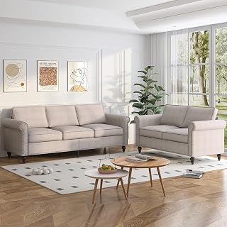 CECER 2 Piece Living Room Sofa Set, Linen Fabric Couch Set with Nailhead Trim, Modern Upholstered 5 Seat Sectional Sofa Couch for Living Room/Apartment-(Beige)