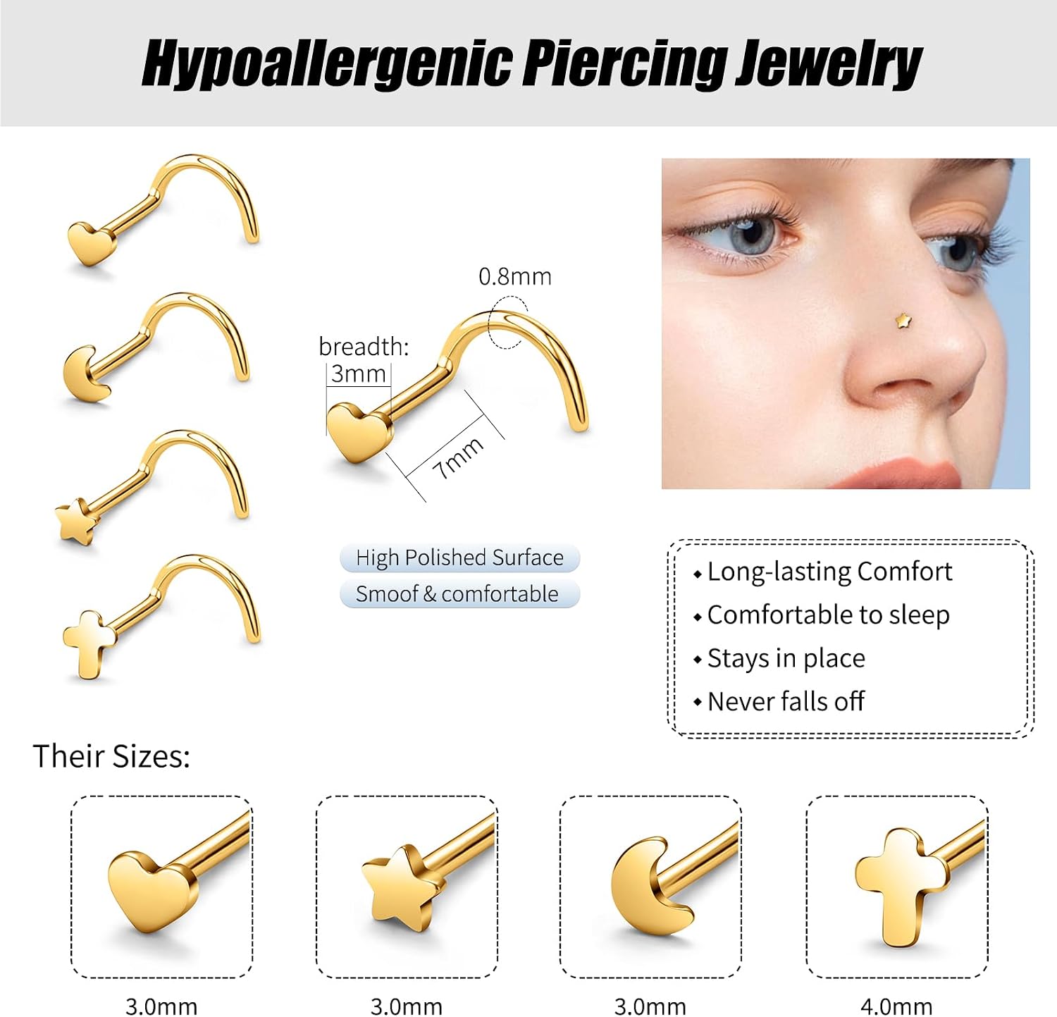 20G Surgical Steel Nose Studs for Women Men, L Shaped Nose Rings Studs 7mm Bar, CZ Heart Star Moon Cross Nose Piercing Jewelry, Gold Silver Nostril Studs Set