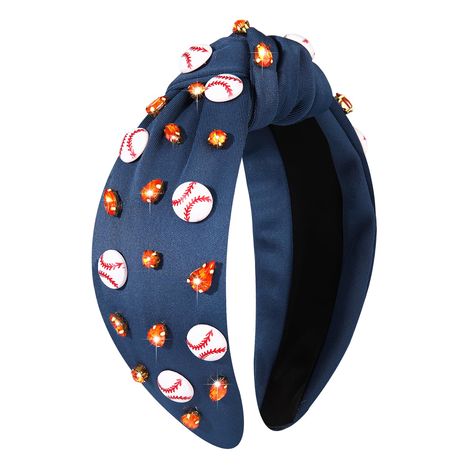 boderier Baseball Headband Hair Accessories Crystal Baseball Embellished Wide Knotted Headband for Women Game Day Accessories Navy Blue
