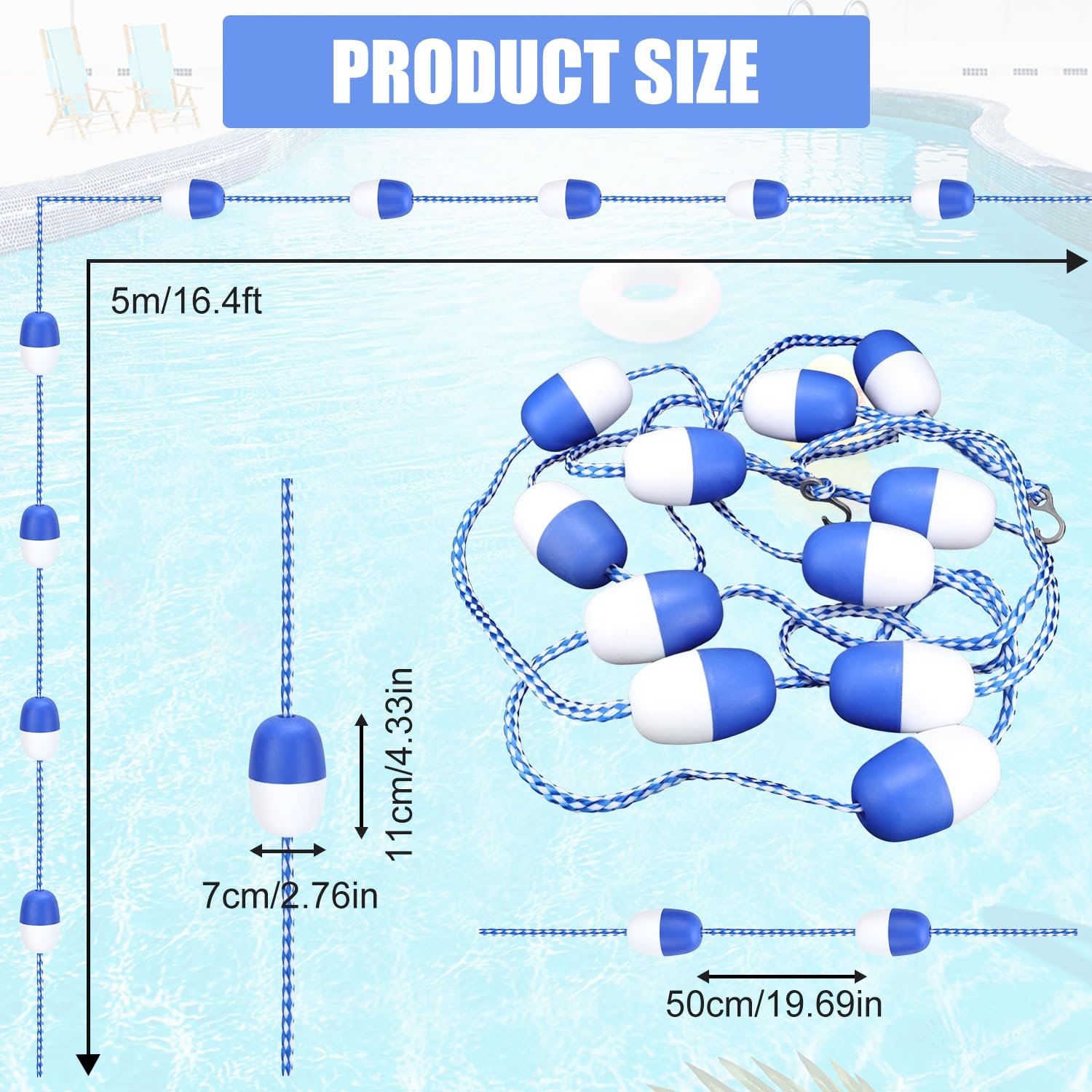 Cuerda Divisoria de Seguridad para Piscina 5m con 11 Boyas Flotantes - Separador de Carriles de Nailon con Ganchos para Zonas Peligrosas o Entrenamiento