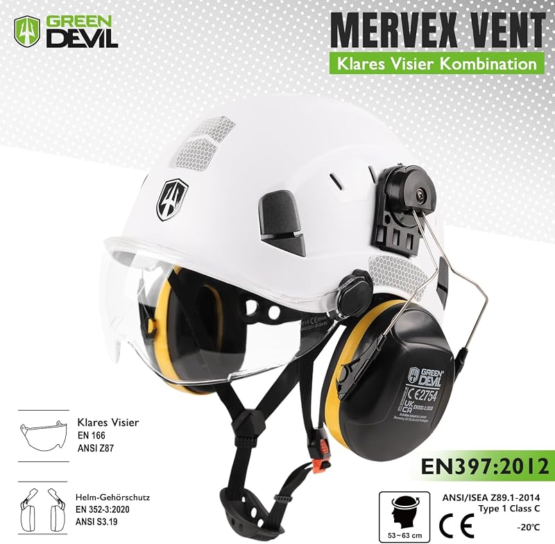 GREEN DEVIL Védősisak Tiszta Arcvédővel és Hallásvédelemmel, Szellőztetett Ipari Sisak EN 397