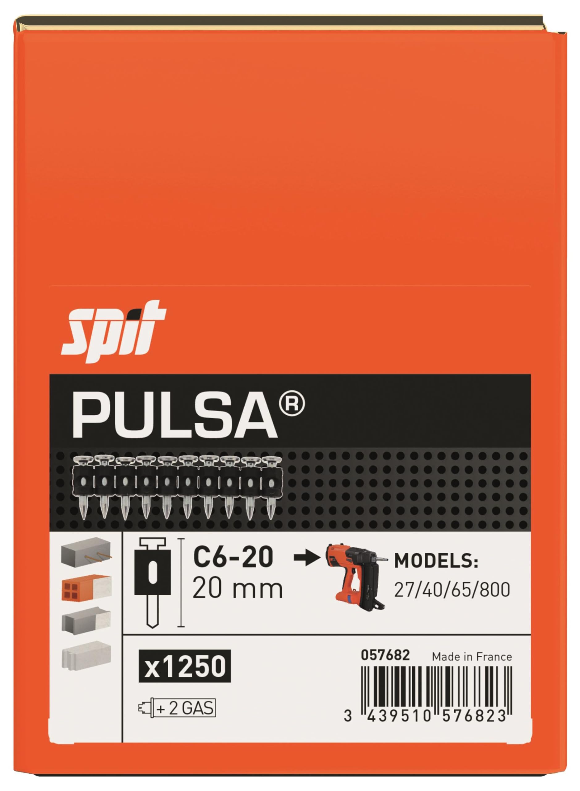 Clavos para clavadora de gas Pulse 27P 40P 65 alta dureza Hormigón Acero Guías Cartón yeso (C6-20 (20 mm), 1250 unidades caja)