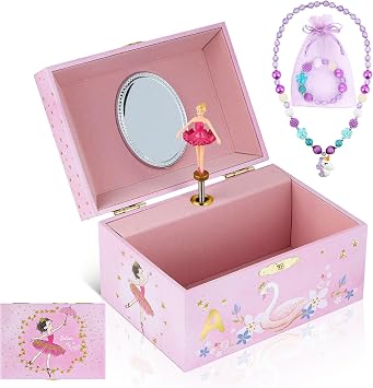 Personalized Initial A Musical Jewelry Box for Girls - Ballerina Music Box with Spinning Dancer, Includes Unicorn Necklace & Bracelet Set, Custom A Letter Keepsake for Kids Ages 3-10