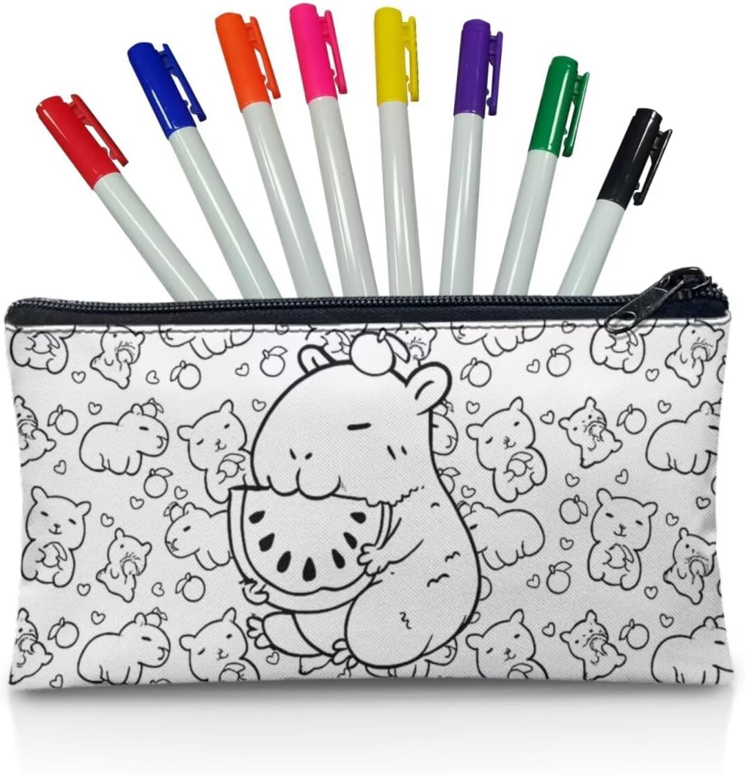 DIY Coloring Cute Pencil Case Color Your Own Zipper Pencil Pouch Arts and Crafts for Kids Ages 4-12 with 8 Fabric Markers