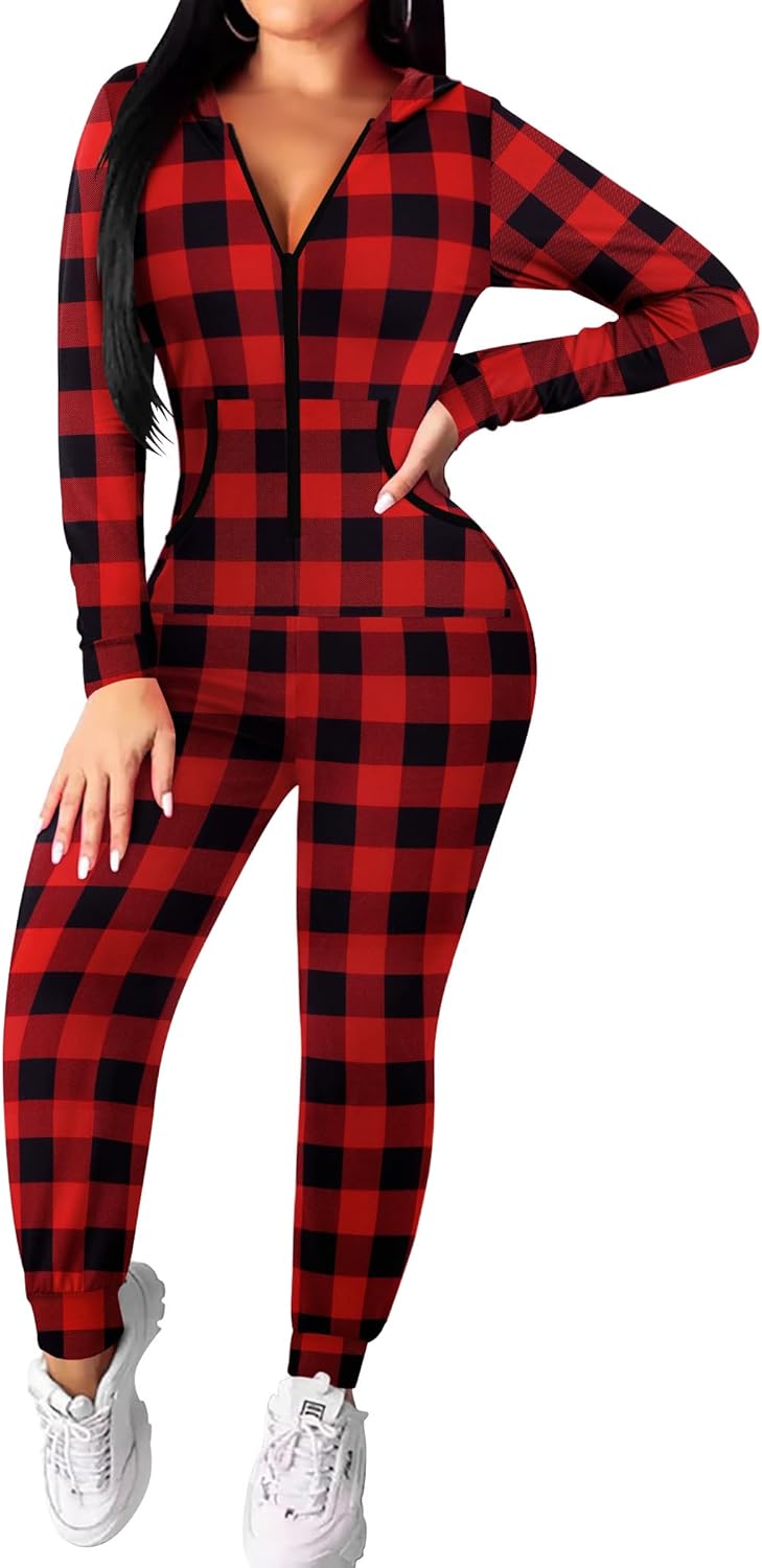 Ekouaer Halloween Onesie for Women Hooded Jumpsuit Long Sleeve Zip Up One Piece Pajamas Novelty Sleepwear